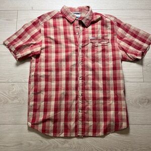 Columbia Men's L Short Sleeve Plaid Red/Tan Button Down Shirt 100% Cotton